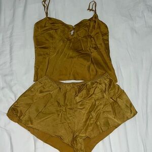 Victorias Secret 100% silk gold with rhinestone tank and short set